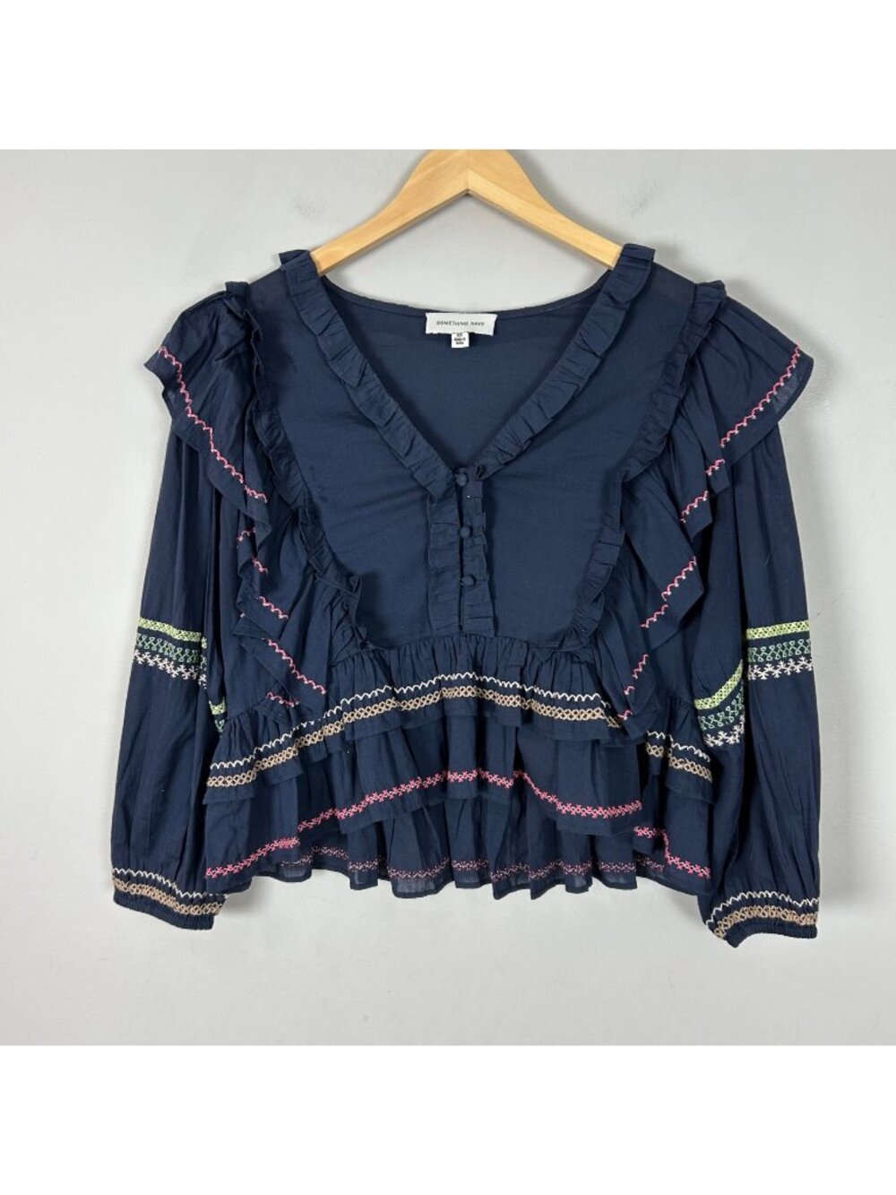 Something Navy Tiered Ruffle Top Embroidered Preppy Boho Spring Size XS Women's